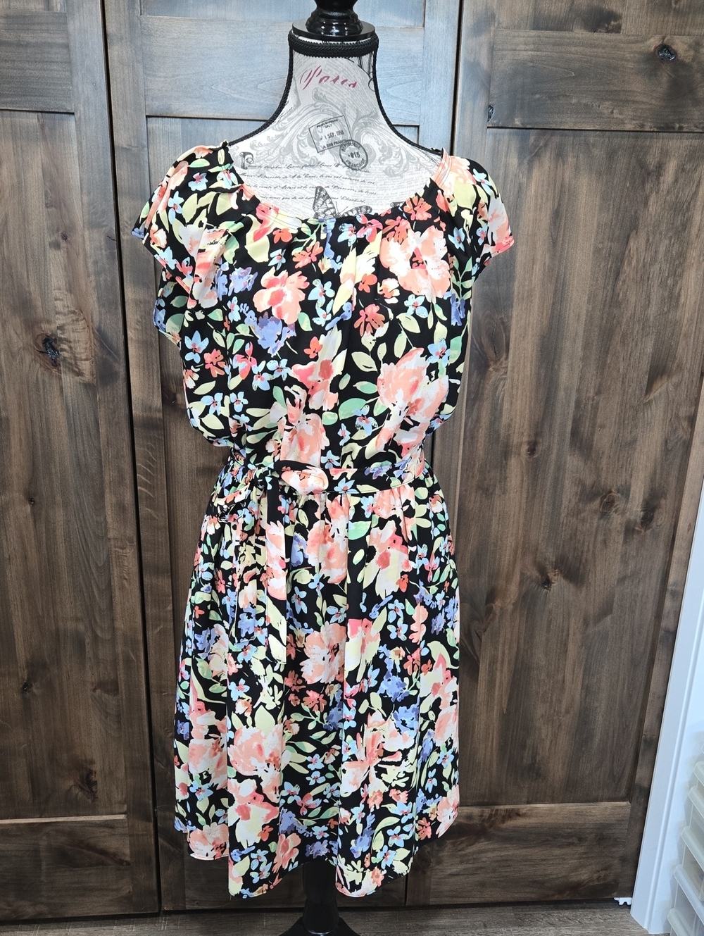 Lauren Conrad Black Floral Print Tie-Waist Summer Dress - Size Medium